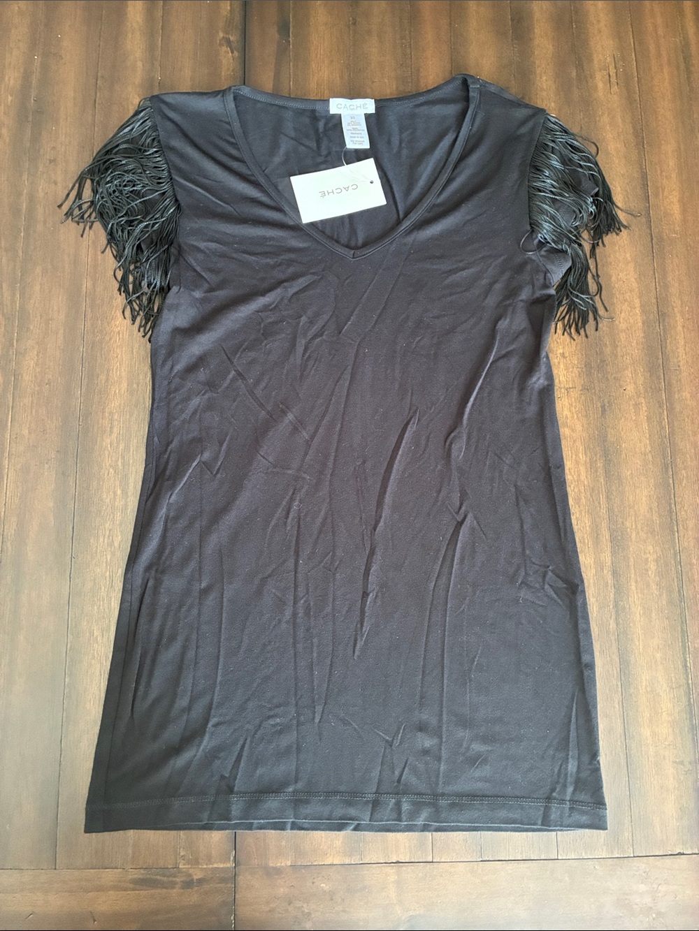 Cache Black Short Sleeve V-Neck Top with Fringe Sleeves